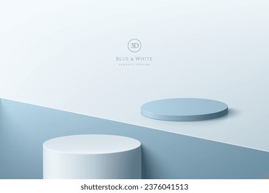 Abstract 3D white and blue cylinder pedestal podium on light blue floor and square groove. Pastel blue minimal scene for product display presentation. Vector geometric rendering platform design.