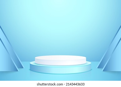 Resumen 3d podio cilíndrico blanco y azul con estadio de pared mínimo azul para la presentación del producto. Diseño geométrico vectorial de plataforma.