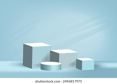Abstract 3D white and blue steps cylinder pedestal podium with pastel blue minimal wall scene for cosmetic product display presentation. Vector geometric rendering platform design. Vector illustration