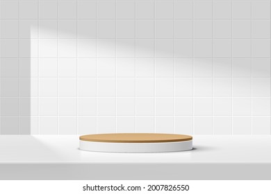 Abstract 3D white, brown cylinder pedestal podium on the table with white square tile texture wall scene. Vector rendering minimal geometric platform design in shadow for product display presentation.
