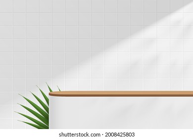 Abstract 3D white, brown round pedestal podium or table with green leaf on white square tile wall scene. Vector rendering minimal geometric platform design in shadow for product display presentation