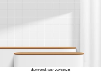 Abstract 3D white and brown wood round pedestal podium or table with white square tile wall scene. Vector rendering minimal geometric platform design in shadow for product display presentation