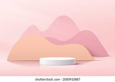 Abstract 3D white cylinder pedestal podium with pastel curve geometric layers backdrop. Light pink minimal wall scene. Modern vector rendering geometric platform for product display presentation. 