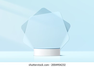 Abstract 3D white cylinder pedestal podium with blue glass geometric shape backdrop and lighting. Pastel blue minimal wall scene for product display presentation. Vector rendering platform design.