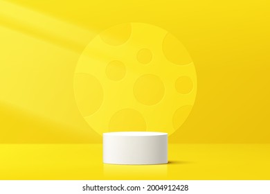 Abstract 3D white cylinder pedestal podium with yellow circle shape backdrop in dot texture. Pastel yellow minimal wall scene for product display presentation. Vector rendering geometric platform.