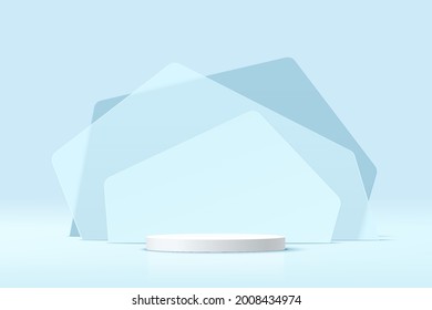 Abstract 3D white cylinder pedestal podium with transparent blue glass geometric shape layers backdrop. Vector rendering platform with pastel blue minimal wall scene for product display presentation. 