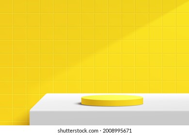 Abstract 3D White Cylinder Pedestal Podium On The White Table With Yellow Square Tile Texture Wall Scene. Vector Rendering Minimal Geometric Platform Design In Shadow For Product Display Presentation.