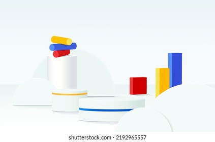 Abstract 3d white cylinder pedestal podium with white wall scene and semi circle backdrop