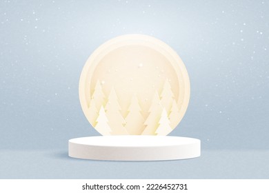 Abstract 3d white cylinder pedestal podium and christmas tree background. Minimal winter scene for product display presentation. Vector illustration.