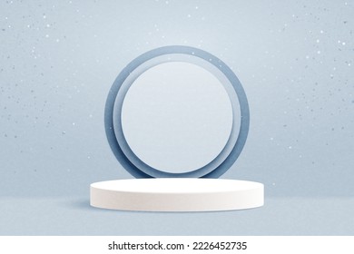 Abstract 3d white cylinder pedestal podium and circle frame. Minimal winter scene for product display presentation. Vector illustration.