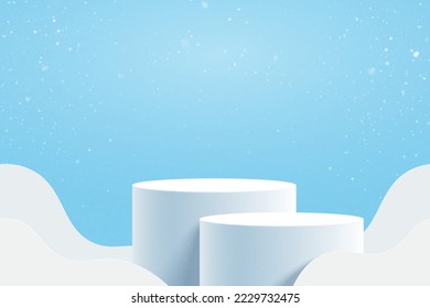 Abstract 3d white cylinder pedestal podium and blue background. Minimal winter scene for product display presentation. Vector illustration.