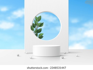 Resumen de fondo de podio peatonal de cilindro blanco 3D con hoja verde y nube, escena de la pared del cielo azul. Presentación mínima de maquillaje o presentación de producto, escaparate de escenario. Diseño geométrico vectorial de plataformas.