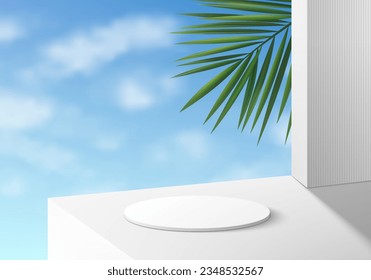Abstract 3D white cylinder pedestal podium background with palm leaf and cloud, blue sky wall scene. Minimal mockup or product display presentation, Stage showcase. Platforms vector geometric design.