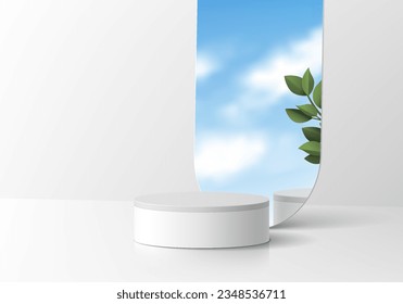 Resumen del fondo de podio del cilindro blanco 3D con fondo de podio de peatón con cielo azul y hoja reflejado en vidrio espejo. Presentación mínima del producto de maquillaje, escaparate de escenario. Diseño geométrico vectorial de plataformas.