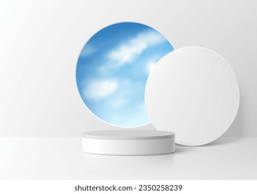 Abstract 3D white cylinder pedestal podium background with cloud blue sky in round window. Mockup product display presentation. Minimal wall scene. Stage showcase. Platforms vector geometric design.