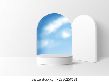 Resumen de fondo de podio de pedestal de cilindro blanco 3D con cielo azul en la puerta de arco. Presentación del producto de mockup. Escena mínima en la pared. Escenario para el escaparate. Diseño geométrico vectorial de plataformas.