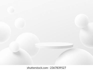 Resumen del fondo del podio del cilindro blanco 3D con bolas de esfera hinchable en la escena de la pared limpia. Presentación mínima de maquillaje o presentación de producto, escaparate de escenario. Diseño geométrico vectorial de plataformas.