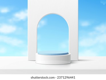 Abstract 3D white cylinder pedestal podium background with arch gate and cloud, blue sky wall scene. Minimal mockup or product display presentation, Stage showcase. Platforms vector geometric design.