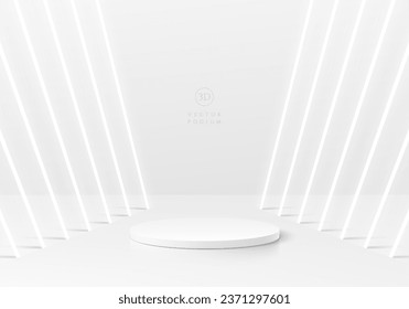 Abstract 3D white cylinder pedestal podium background with perspective neon lighting lines. Mockup product display presentation. Minimal wall scene. Stage showcase. Platforms vector geometric design.