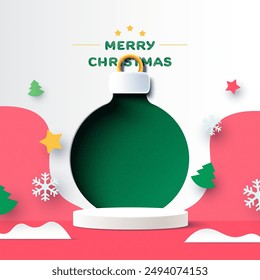 Abstraktes 3D-Weißzylinder-Sockel-Podium und Papier geschnitten Weihnachtskugel Hintergrund. Minimale Winterszene für Produktpräsentation. Vektorillustration.