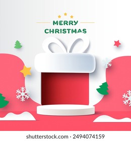 Abstract 3d white cylinder pedestal podium and Paper cut Red Gift Box background. Minimal winter scene for product display presentation. Vector illustration.