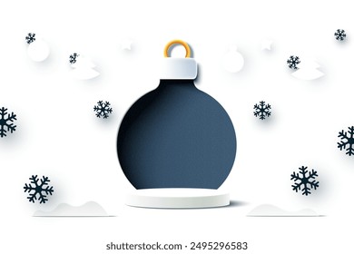 Abstract 3d white cylinder pedestal podium and paper cut christmas Ball background. Minimal winter scene for product display presentation. Vector illustration.