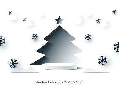 Abstract 3d white cylinder pedestal podium and paper cut christmas tree background. Minimal winter scene for product display presentation. Vector illustration.