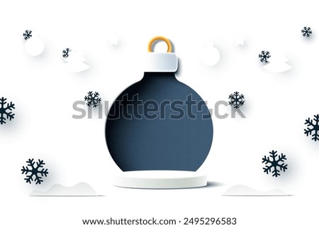 Abstract 3d white cylinder pedestal podium and paper cut christmas Ball background. Minimal winter scene for product display presentation. Vector illustration.