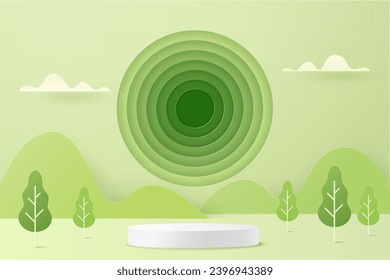 Abstract 3d white cylinder podium on green nature landscape with mountain and circle frame in paper cut style Minimal geometric shape template background for product display, presentation, advertising