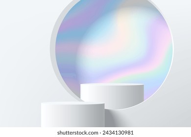 Abstract 3D white cylinder stand podium and white podium in circle window on light blue hologram minimal wall scene. Modern geometric rendering platform for cosmetic product display presentation.