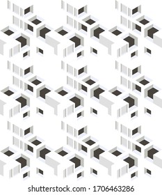 Abstract 3D white geometric isometric vector seamless pattern background. Windows and walls. Architectural structure with shadow. Simple clean white background.