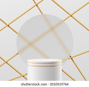 Abstract 3D white, gold cylinder pedestal or stand podium with circle transparent glass on overlap golden pipe background. Vector rendering for products display presentation. Luxury white wall scene.