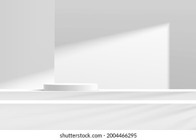 Resumen del podio pedestal 3D de cilindros blancos y grises en la mesa de escalones con escena de pared blanca a la sombra. Moderna plataforma geométrica de representación vectorial para presentación de productos cosméticos.