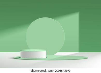 Abstract 3D white and green cylinder pedestal podium with  circle backdrop. Pastel green minimal wall scene for cosmetic product display presentation. Vector rendering geometric platform design.