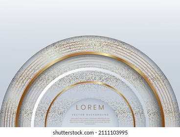 Abstract 3D white and grey half circle pattern with golden lines rounded decor gold glittering light sparkle background with copy space for text. Luxury concept design. Vector illustration