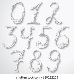 Abstract 3d white numbers on a gray background. Handmade digits. Logo, symbol, icon, template, design element. Vector illustration.