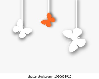 Abstract 3D white paper butterflies. Lonely orange butterfly. Cut-out from paper. Vector illustration.