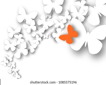 Abstract 3D white paper butterflies. Lonely orange butterfly. Cut-out from paper. Vector illustration.