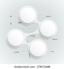 Abstract 3d white paper circle on light grey color circuit board background. Simply infographic step by step template design.can be used for workflow layout, diagram, number options, web design.
