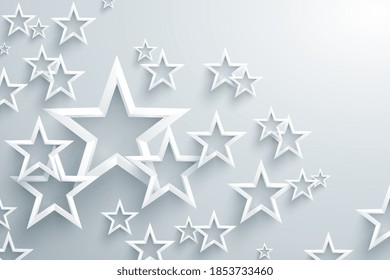 Abstract 3d white paper stars background. Card template with cut out stars. Abstract background stars. 3d paper design elements. Modern origami design template. Vector illustration. EPS 10