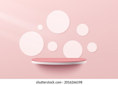 Abstract 3d white and pink semi circle shelf or podium with white polka dot on soft pink color minimal wall scene. Vector rendering geometric shape for cosmetic product display presentation. 