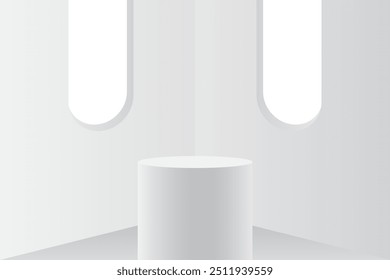 Abstract 3D white podium background. Modern minimalist mockup for product display presentation. Realistic white cylinder pedestal podium. Geometric stage showcase with copy space. 