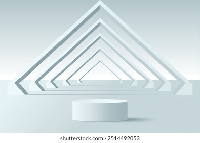 Abstract 3D white podium background. Modern minimalist mockup for product display presentation. Realistic white cylinder pedestal podium. Geometric stage showcase with copy space. 