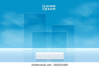 Abstract 3D white podium with blue sky background. Modern vector rendering geometric platform for product display presentation.