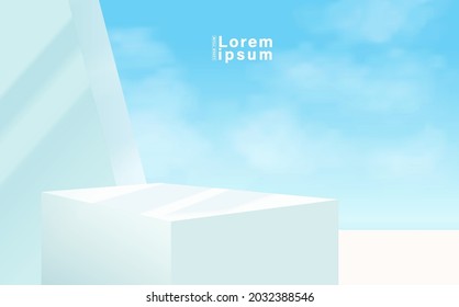 Abstract 3D white podium with blue sky background. Modern vector rendering geometric platform for product display presentation.