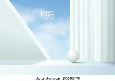 Abstract 3D white podium with blue sky background. Modern vector rendering geometric platform for product display presentation.