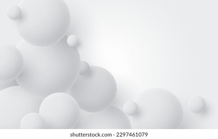 Abstract 3D white spheres design background. 3D shiny balls for product presentation. White snow balls of different sizes.Modern cover design,advertising banner or brochure template, wallpaper. Vector