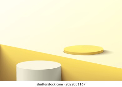 Resumen del podio de pedestal de cilindros blancos y amarillos 3D sobre el suelo amarillo claro y el ranura cuadrada. Escena mínima de color amarillo pastel para la presentación del producto. Diseño de plataforma de representación geométrica vectorial.