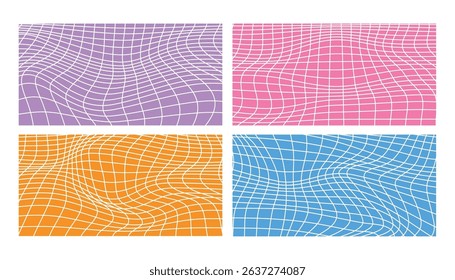 Abstract 3d wireframe background set. Vector y2k grid pattern. Wavy line, simple cyberpunk geometry design. Futuristic texture collection