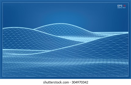 Abstract 3D wireframe blueprint of surrounding contour. Vector wave of landscape graphic.